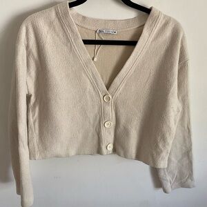 Zara Beige Button-Up Cropped‎ Cardigan Sweater